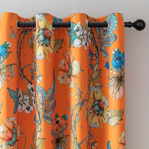 Image of MYSKY HOME Orange Floral 95% Blackout Curtains 54 Inches Long for Small Window Thermal Insulated Light Blocking Drapes Grommet Country Coquette Window Panels, 2 Pcs, 52 inch Wide