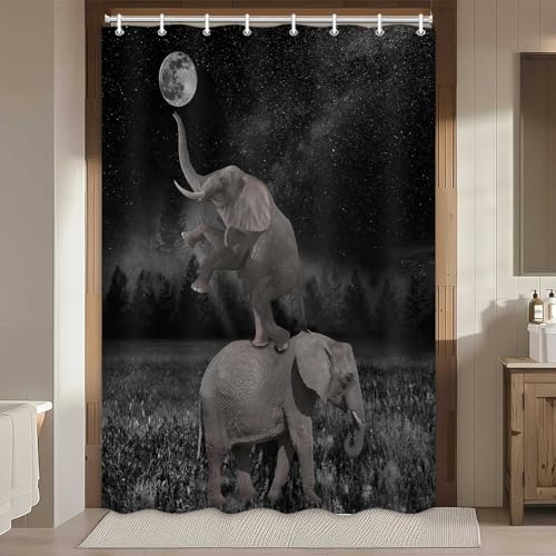 Image of Boziqr Funny Shower Curtains for Bathroom, Cute Elephant Moon Forest Bath Curtain, Rustic Farmhouse Decor Polyester Fabric Fun Cool Animals Black 47 x 64 Inches