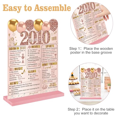 Image of Guiruiy Pink Rose Gold 16th Birthday Decorations for Girls Women, Two-Sided Vintage 16 Back in 2010 Theme Poster Wooden Table Sign with Stand, Sixteen Years Old Bday Centerpieces Holder for Table Decor