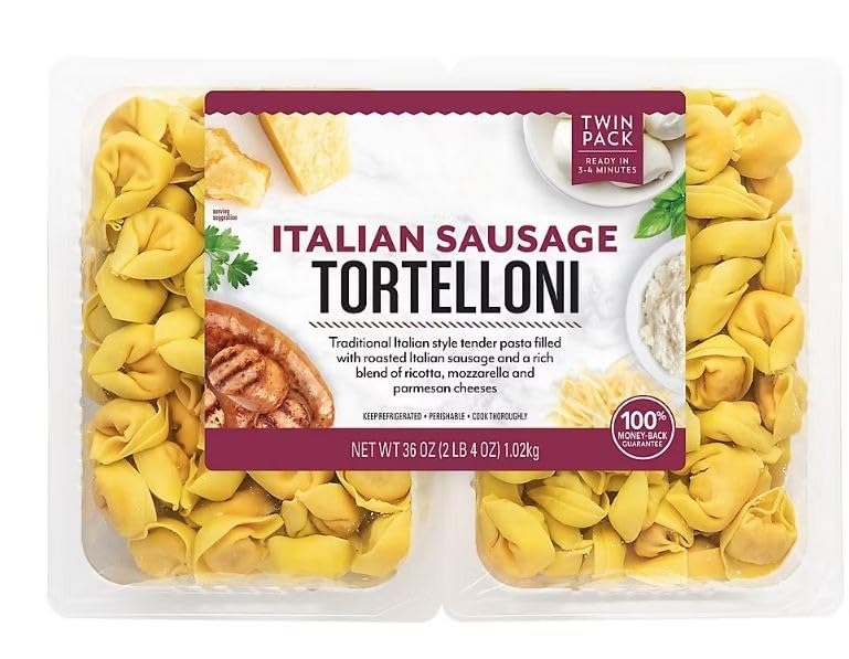 Italian Sausage Tortelloni contains a generous filling of roasted Italian Sausage and three delicious cheeses. The blend of Ricotta, Mozzarella, and Parmesan Cheeses in a tender dough will melt in your mouth. This tortellini pairs very well with tomato sauce, pesto or butter, and can also be used as an ingredient in a variety of soups. A great value for an easy meal, ready to eat in less than 10 minutes. [36 oz , 2.25 lb ]