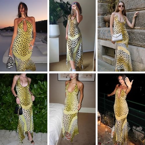 Image of Women's Sexy Halter Backless Leopard Print Maxi Dress Irregular Hem Low Cut Long Dress Party Vacation Dress
