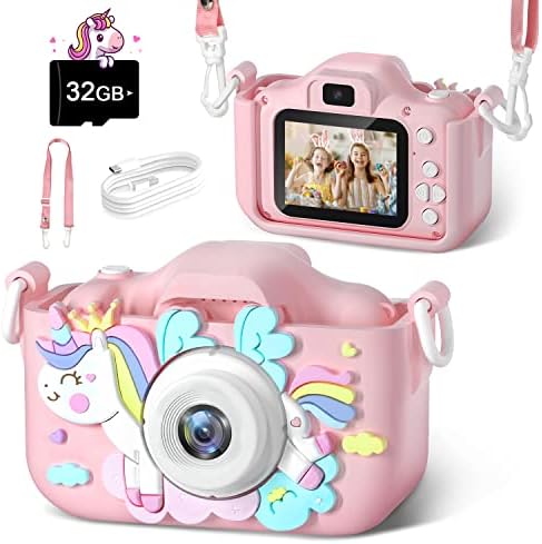 Anesky Kids Camera, Toy Camera for 3 4 5 6 7 8 9 10 11 12 Year Old Girls/Boys, Kids Digital Camera for Toddler with Video, Best Birthday Festival Gifts Selfie Camera for Kids with 32GB Card - Pink