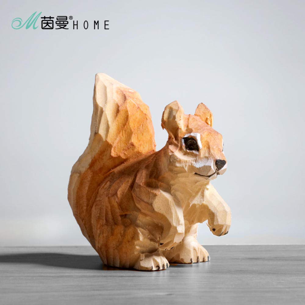 木製 リスの置物 手作り 木彫り リス像II手彫り塗装木彫り