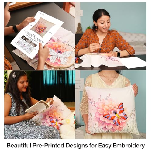 Image of picknMAKE Pack of 2 DIY Cushion Cover Hand Embroidery Kit Set for Beginners with Butterfly Bliss DIY Craft Cushion /Pillow Cover|16 inchX16|Digitally Printed Embroidery Patterns|All Materials Included