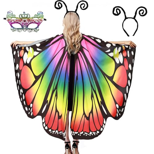 TATAFUN 3 Piezas Disfraz Mariposa Mujer, Disfraz de Mariposa para Mujer, Capa de Mariposa con Máscara Diadema, Chal de Mariposa Adulto para Carnaval Halloween Cosplay (B)