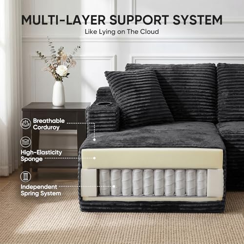 Image of Boneless Couch, 127 inch Sofas for Living Room, U Shaped Couch with Chaise | Sectional Sofa, Cloud Couch Sectional with Cup Holders and Storage, Cloud Sofa with Deep Seat, Grey, Corduroy, No Assembly