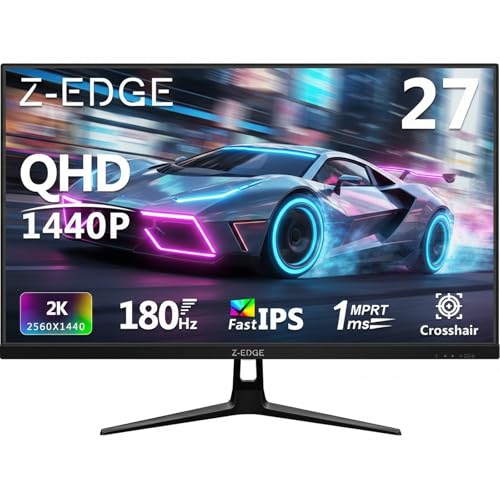 Z-Edge 27 Zoll QHD Gaming Monitor 180Hz 2K Fast IPS 1ms 2560x1440, 350cd/m² Helligkeit, 1,07 Milliarden Farben, 94% DCI-P3, HDR10, FreeSync, DisplayPort (180Hz) HDMI (144Hz), VESA Kompatibel, Schwarz