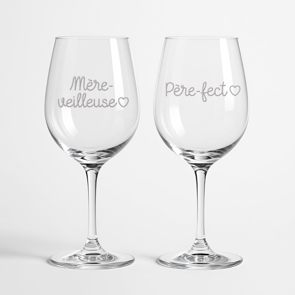 Coffret 2 Verres à Vin Gravés, Design Pèrefect et MèreVeilleuse, Cristal, Cadeau pour Parents, Set de Dégustation, verres gravés, duo de verre