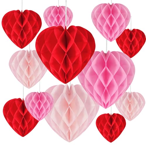 12 Pcs Heart Shaped Honeycomb Balls Valentines Hanging Paper Pom Poms Decorations Valentines Photo Backdrop Decor Birthday Wedding Baby Shower Party Supplies