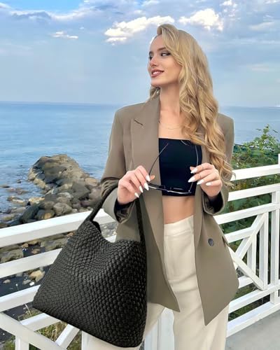 Image of Woven Tote Bag for Women, Fashion Woven Bags for Women Vegan Leather Shoulder Handbags Large Summer Beach Travel Bag