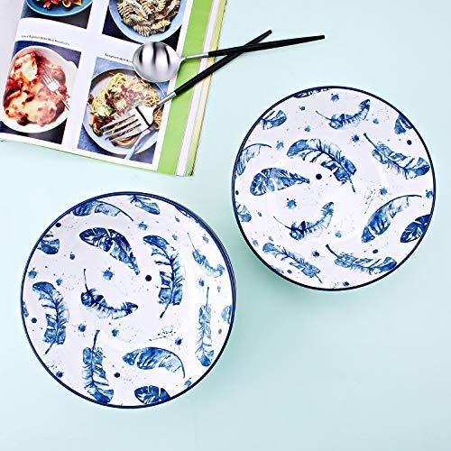 YALONG 40 Ounce Large Porcelain Pho Bowls Set 4 Pack Serving Soup Salad, Pasta, Cereal Stackable Deep Bowl Feather Pattern, Ramen Bowls for Noodle for Kitchen, 8 Inches - Thumbnail 4