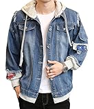 Itemnew Man's Fashion Hooded Ripped Denim Jacket Fake 2-Piece Patchwork Hoodie Coat (Medium, Dark Blue)