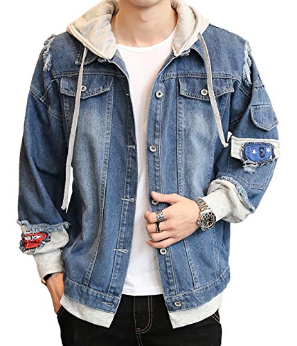 Itemnew Man's Fashion Hooded Ripped Denim Jacket Fake 2-Piece Patchwork Hoodie Coat
