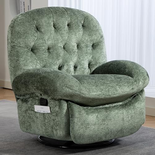 Recliner Chair for Adults, 360° Swivel Manual Recliner with Side Pocket, Nursery Rocking Chair with Comfortable Chenille Arms and Back for Living Room, Bedroom, Reading (Green)
