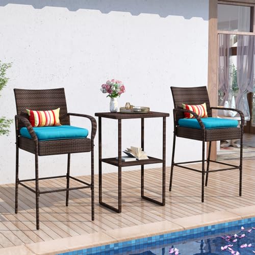 Image of Sundale Outdoor Wicker Bar Stool Set of 6, Patio Counter Height Pub Chair with Arms, High Top Rattan Barstool, Cushion Beige, All-Weather Outdoor Rattan Furniture (Brown&Blue, Small Seat - 6 Stools)