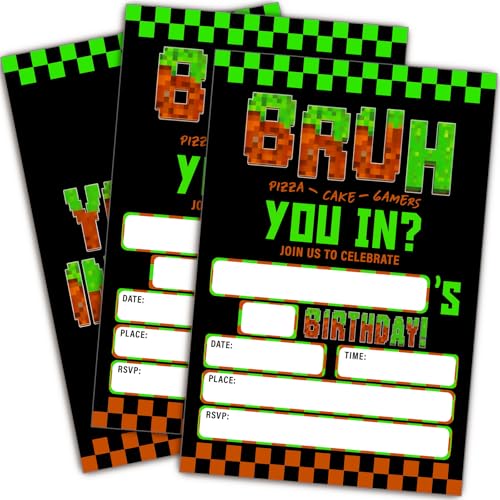 BGFMVS Bruh Pixel Themed Birthday Invitations 20Pcs Pixel Fill In Invite Cards with Envelopes Double Sided Gamer Birthday Invitation for Boys Kids Teen Party Supplies 4x6 inch
