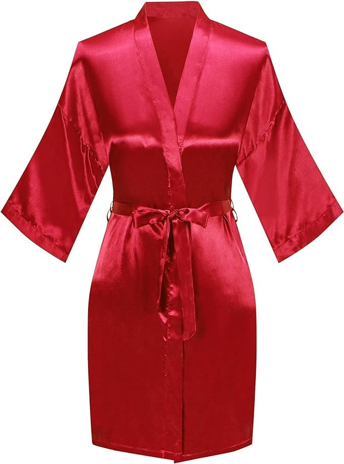 Image of Women's Silky Satin Short Bride Robe | Ultra Soft & Comfortable, Stylish Full Sleeve Lace Tie Nightdwear /Sleepwear for Bride Bridemaid- Pack of 1