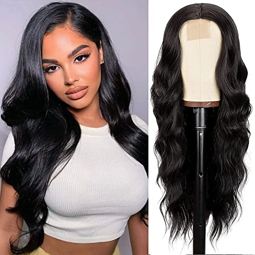 KAMIMASU Peluca larga natural ondulada frontal de encaje sintético de fibra resistente al calor para mujer, uso diario, 61 cm
