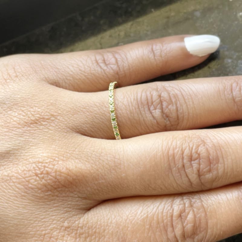 Round Cut Green Peridot & White Diamond Full Eternity Ring For Women, 14K Gold Plated 925 Silver September Birthstone Green Peridot Full Eternity Wedding Anniversary Matching Band