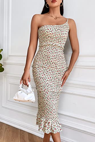 Image of PRETTYGARDEN Women's Summer Midi Bodycon Dresses One Shoulder Strappy Tiered Ruffle Floral Boho Sun Dress