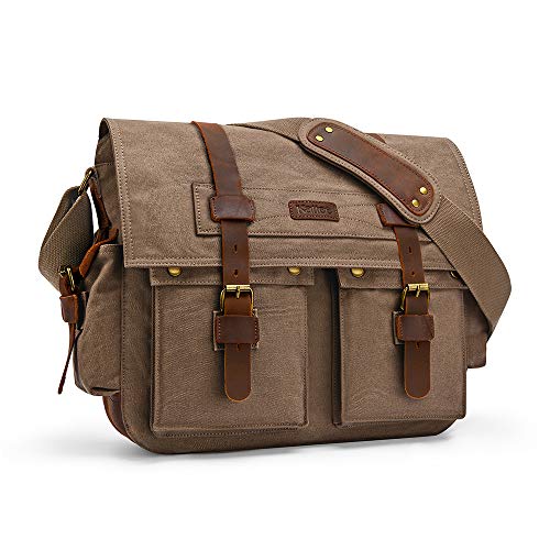 Kattee Military Messenger Bag Canvas Leather Shoulder Bag Fits 14.7/15.6 Inch Laptop