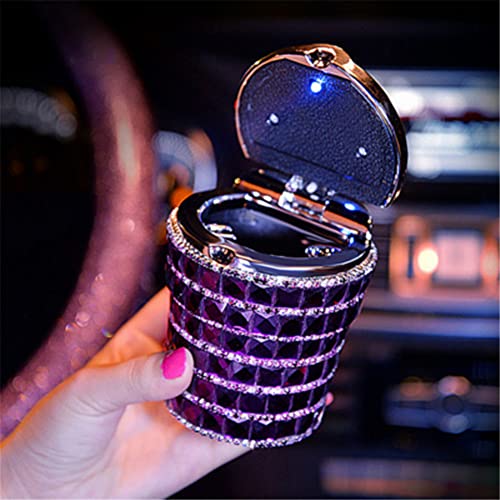 Image of Surakey Ashtray for Car Crystal Car Ashtray Cigarettes Ash Holder Container with Blue LED Light, Auto Car Diamond Cover Ashtray Holder,Windproof for Outdoor Travel,Home Use Purple