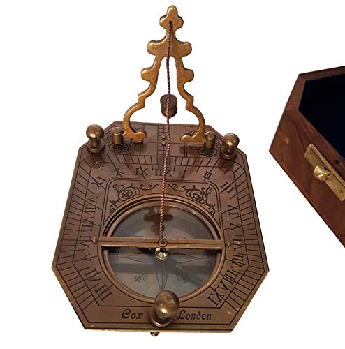 Vintage Brass Sundial Compass Boxed in Wooden Inlaid Box Antique Decorative Navigational Device.