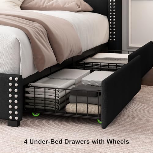 Feonase Upholstered Storage Bed Frame King Size with 4 Drawers, Platform Bed with Charging Station & Wingback Headboard, Solid Wood Slats Support, Black