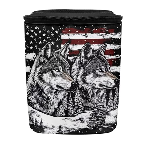 Image of Talayituse Wolf American Flag Print Car Trash Bin, Large Size Auto Trash Can Adjustable Portable Garbage Can with Lid, Vehicle Hanging Bag for Headrest Front Back Seat