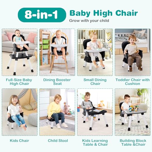 Image of GLACER 8 in 1 High Chair - Convertible Adjustable Baby High Chair with Removable Tray, Dual Cushions, Activity Table and Chair Set, Booster Seat, Stool, High Chairs for Babies and Toddlers
