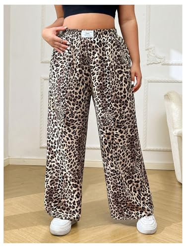MakeMeChic Women's Plus Size Pants Leopard Print Slant Pocket Elastic Waist Straight Leg Trousers3