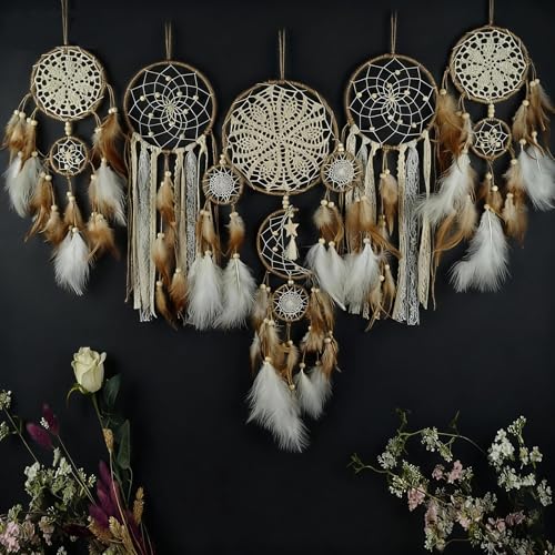 5 Pcs/Set Large Dream Catchers Boho Wall Decor Feather Handmade Traditional Dream Catcher Wall Hanging Decor for Kids Bedroom Adult Living Room Home Bohemian Decorations (Hemp Rope)