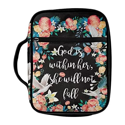 BIGCARJOB Floral Bible Cover,Carrying Book Case Church Bag Bible Protective with Handle and Zippered Back Pocket, Perfect Gift for Girls Women Mother Kids(Flower God Mottoes) Cover