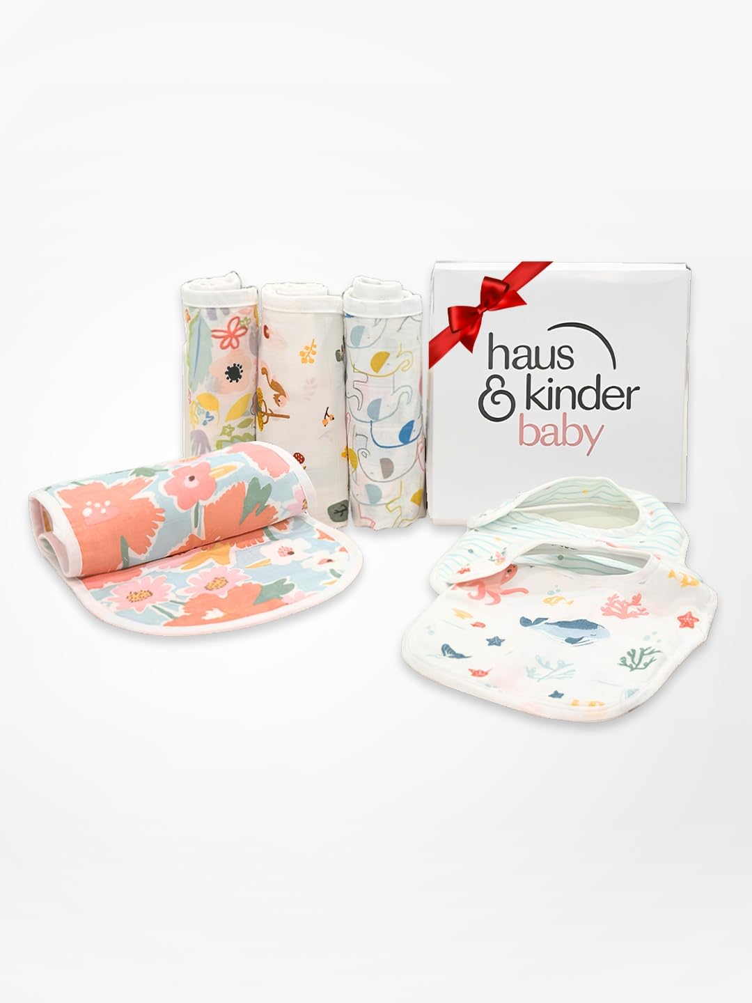 Haus & Kinder Feeding Set -Pack of 6 | 100% Cotton Muslin Wash Cloth | Burp Cloths For Baby | Feeding Cloth For Baby | Baby Wash Clothes Soft Newborn, Baby Bibs Newborn, Baby Gift Box for Boys & Girls