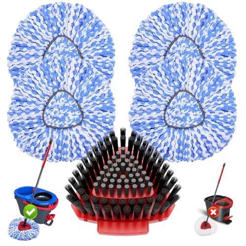 Fatmass 5 Pack Spin Mop Replacement for O Cedar RinseClean 2-Tank System Include 4 Mop Replace Heads + 1 Upgrade Scrubber Brush 100% Microfiber Mop Refills Deep Cleaning Machine Washable