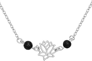 Natural Black Lava Rock Stone Lotus Flower Pendant Necklace for Women Aromatherapy Essential Oil Diffuser Jewelry (Silver)