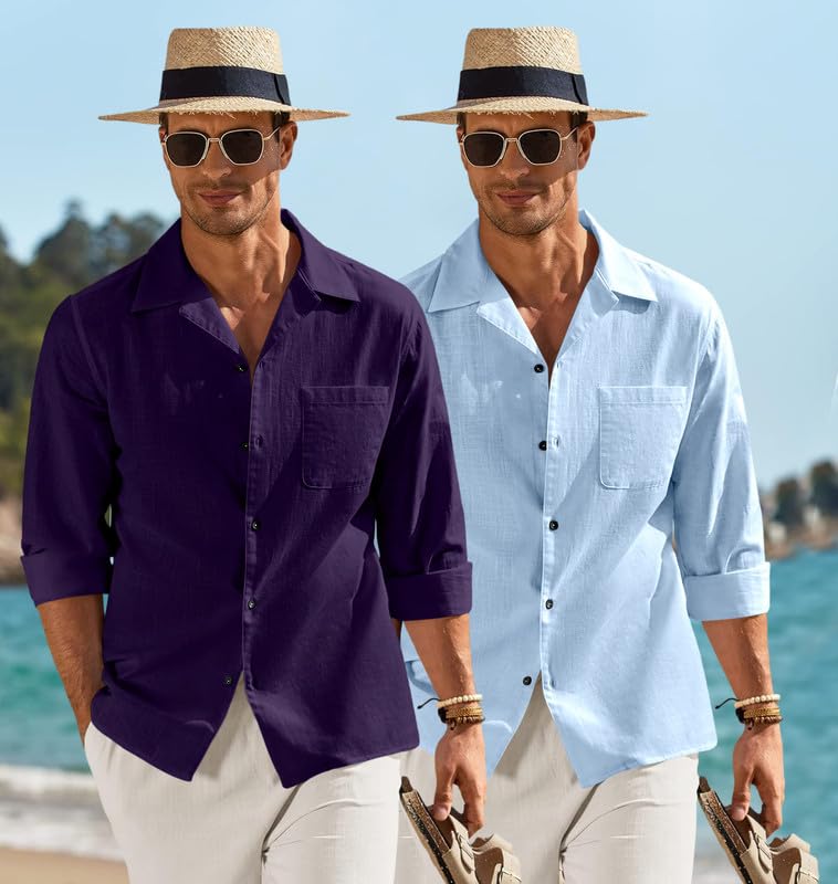 Image of Combo of Men's Casual Cotton Blend Shirt || Long Sleeve Button Down with Spread Collar | Lightweight Breathable Fabric | Stylish Solid Shirt for Beach, Office & Everyday Wear Pack of 2
