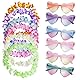 Lyivisk 12 Stück Blumenketten Hawaii Set, 6 Stück Hawaii Blumenkette und 6 Stück Partybrille, 50cm Bunte Blumenketten Hawaii, Candy Color Sonnenbrille, für Hawaii Party Deko