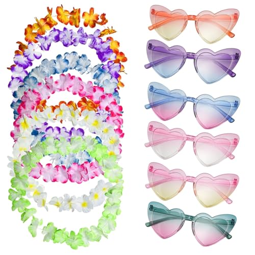Lyivisk Lot de 12 Chaînes de Fleurs hawaïennes, 6 Lunettes de Fête, 50 cm, Lunettes de Soleil Colorées, pour Décoration de Fête hawaïenne