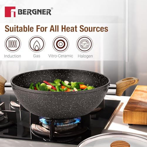 Image of Bergner Ivory Black Granite Non-Stick 4 Pcs Cookware Set - 24cm (2.5L) Kadai with Glass Lid, 24cm Frypan, 28cm Dosa Tawa, Forged Aluminium, Soft Touch Handle, PFOA Free, Induction and Gas Stove Ready