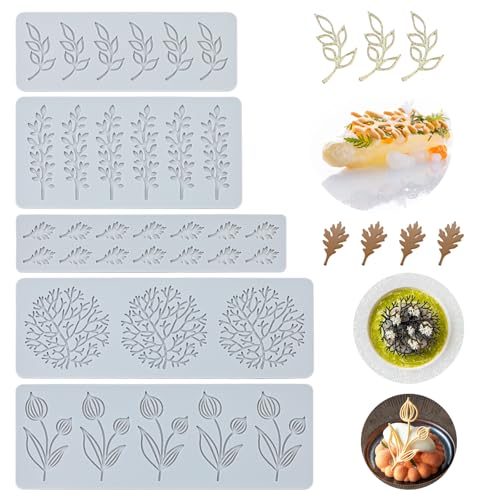LELE LIFE 5 Pack Tuile Mold Silicone Baking Mold, 3D Lace Fondant Chocolate Mold with Leaf Oak Asparagus Coral Tulip Shape for Cake, Cupcake, Polymer Clay, Candy, Sugar Craft