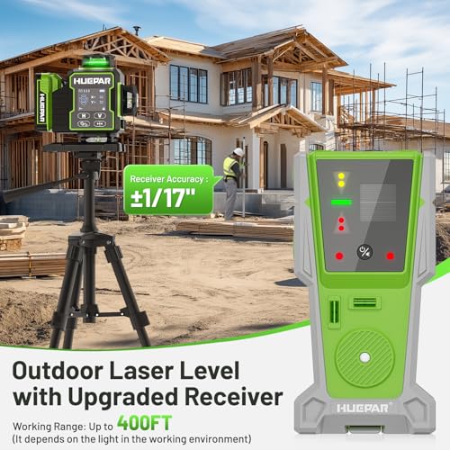 Image of Huepar W04CG 4D Laser Level with Receiver for Outdoor or Longer Distance Use, Up to 400 ft, 4x360 Self Leveling Green Lazer Leveler Tool for Construction, Tiling, Framing, Drop Ceiling, Floor etc.