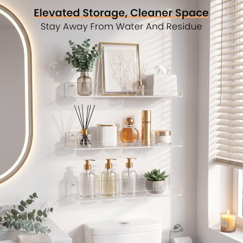 Image of upsimples 15 inch x 6 inch Acrylic Shelves for Wall Storage and Organizer, 4 Pcs | Versatile Floating Shelf for Skincare, Bag, Wall Organizer for Bathroom, Bedroom, Living Room, Kitchen, Playroom, Room Decor