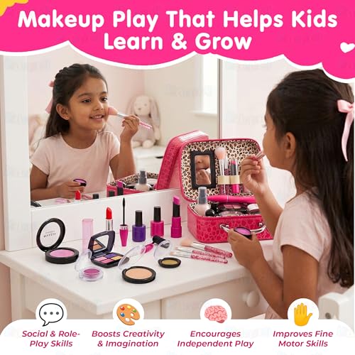 Image of Kidology Makeup Kit Set for Kids - 3-8 Years Girls | 21 Pcs Portable Pretend Play Princess Beauty Set (Not Real Makeup) | Builds Fine Motor Skills | Non-Toxic Mess-Free Suitcase | Gift for Girls