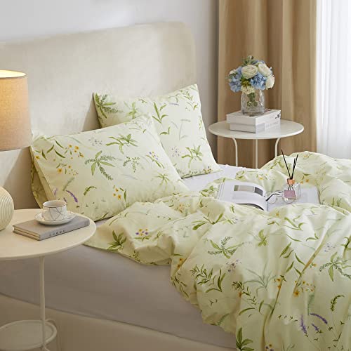 Aojim Duvet Cover Set,100% Cotton Bedding Set, Aesthetic Comforter Cover With Floral Motifs, Fresh Green 3 Pieces (Twin Size), No Comforter #TOP6