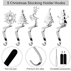 URATOT Christmas Stocking Holders Non-Slip Metal Stocking Hooks Mantel Stocking Holders Hanger in 5 Designs for Christmas Decoration, Silver, Set of 5 URATOT Christmas Stocking Holders Non Slip Metal Stocking Hooks Mantel Stocking Holders Hanger in 5 Designs for Christmas Decoration Silver Set of 5