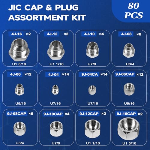 Kit de accesorios hidráulicos JIC de 37 grados con 80 tapones y tapas de rosca 4