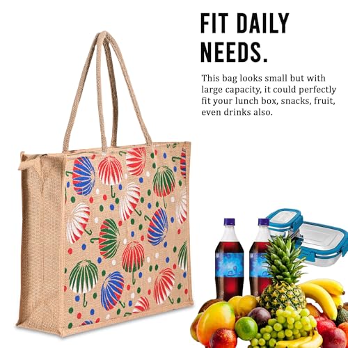 Image of Kuber Industries 2 Pcs Jute Shopping Bag for Women with Handle | Reusable Carry /Shopping Bag for Grocery, fruits & Vegetable | Umbrella Print - Brown