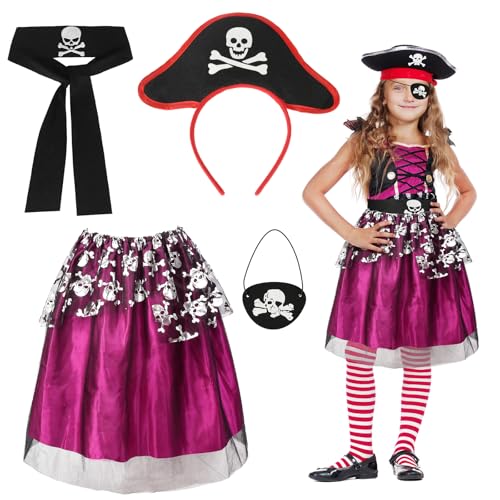 Fennoral 4 peças pirata kit de disfarces menina disfarce de princesa pirata vestido de pirata fantasia de pirata acessórios - diadema saia cinto remendo pirata para o dia das bruxas festa carnaval