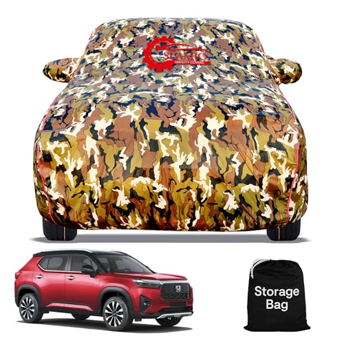 Image of Waterproof Car Body Cover for Honda Elevate with Mirror Pocket, Soft Cotton Lining, Triple Stitched, Full Bottom Elastic (Heat Resistant Jungle Print with Red Piping)